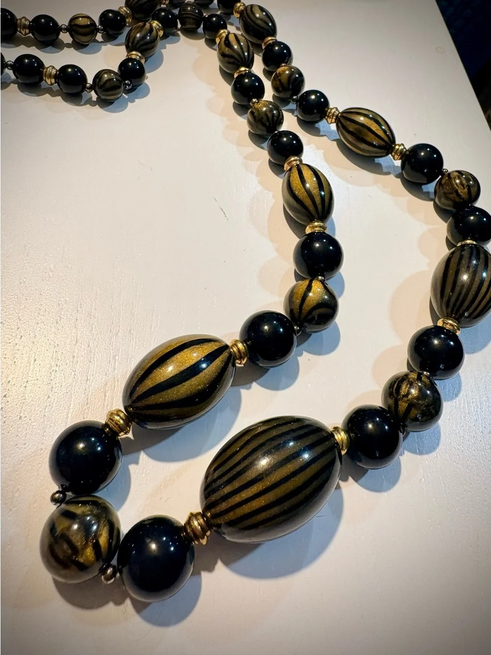 Vintage Gold and Black Striped Statement Bead Necklace - Picture 3 of 3